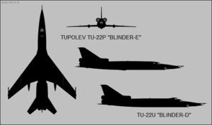 Tupolev Tu-22P three-view silhouette and Tu-22U side-view silhouette.png